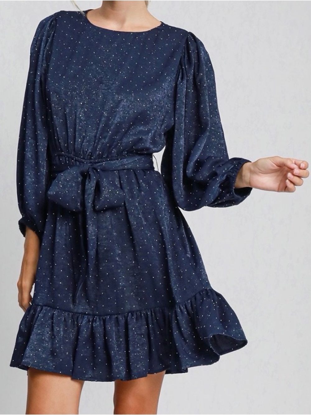 Umgee Navy Satin Dress with Rhinestone Detail